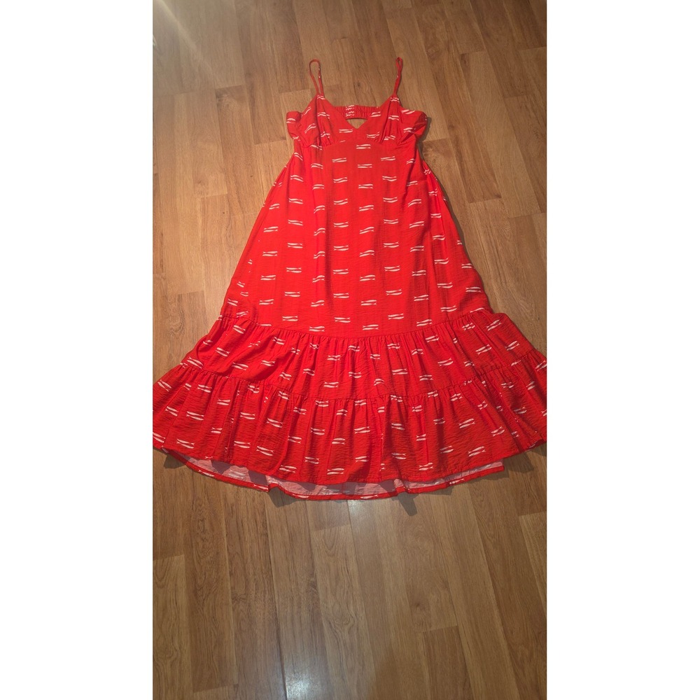 Target Red White Fish Print Tiered Maxi Dress V-Neck Cutout Back Summer Boho L